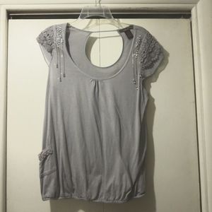 Heather B Grey Top w/  Embellished Sleeves -Medium